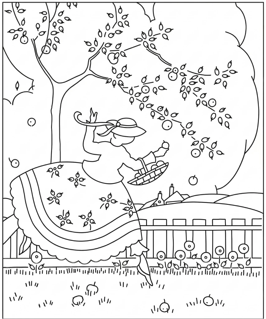 disegno di ricamo con damina in giardino stile country a punto vapore