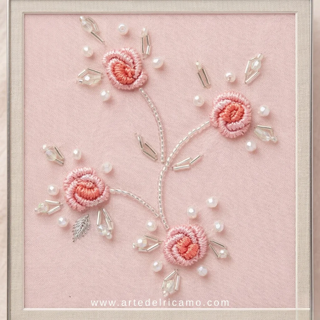 ricamo di tralci di rose a punto vapore