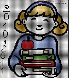 bambina con libri a punto croce