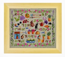 Samplers imparaticcio con diverse figure.