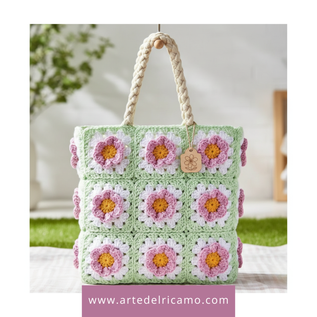 Borsa Uncinetto con Fiori e Piastrelle