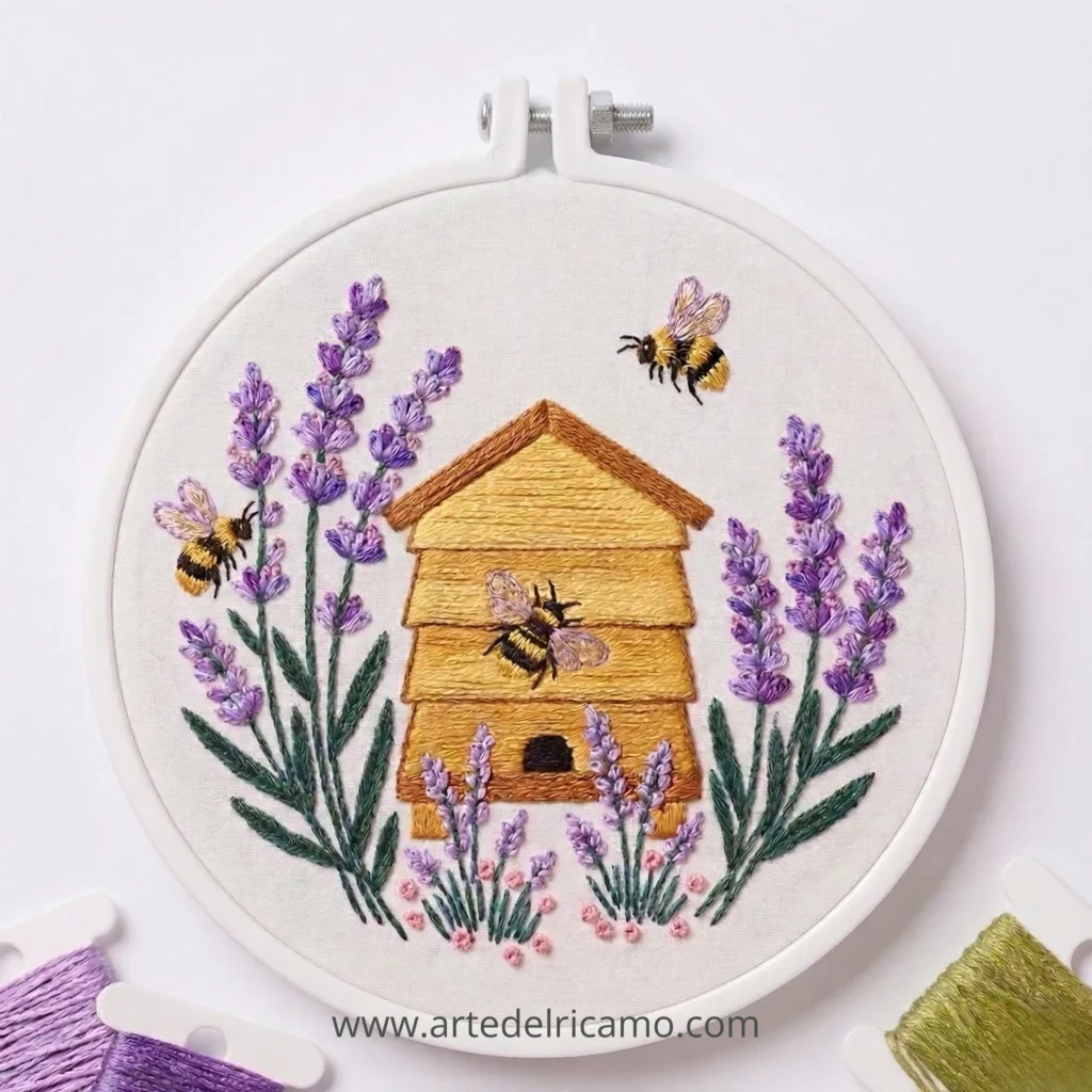 ricamo a mano con fiori di lavanda, api e alveare