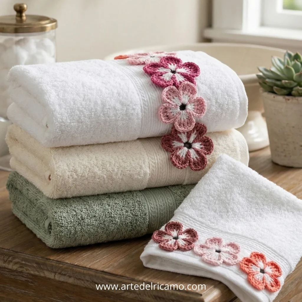 asciugamani bagno con fiori colorati a uncinetto