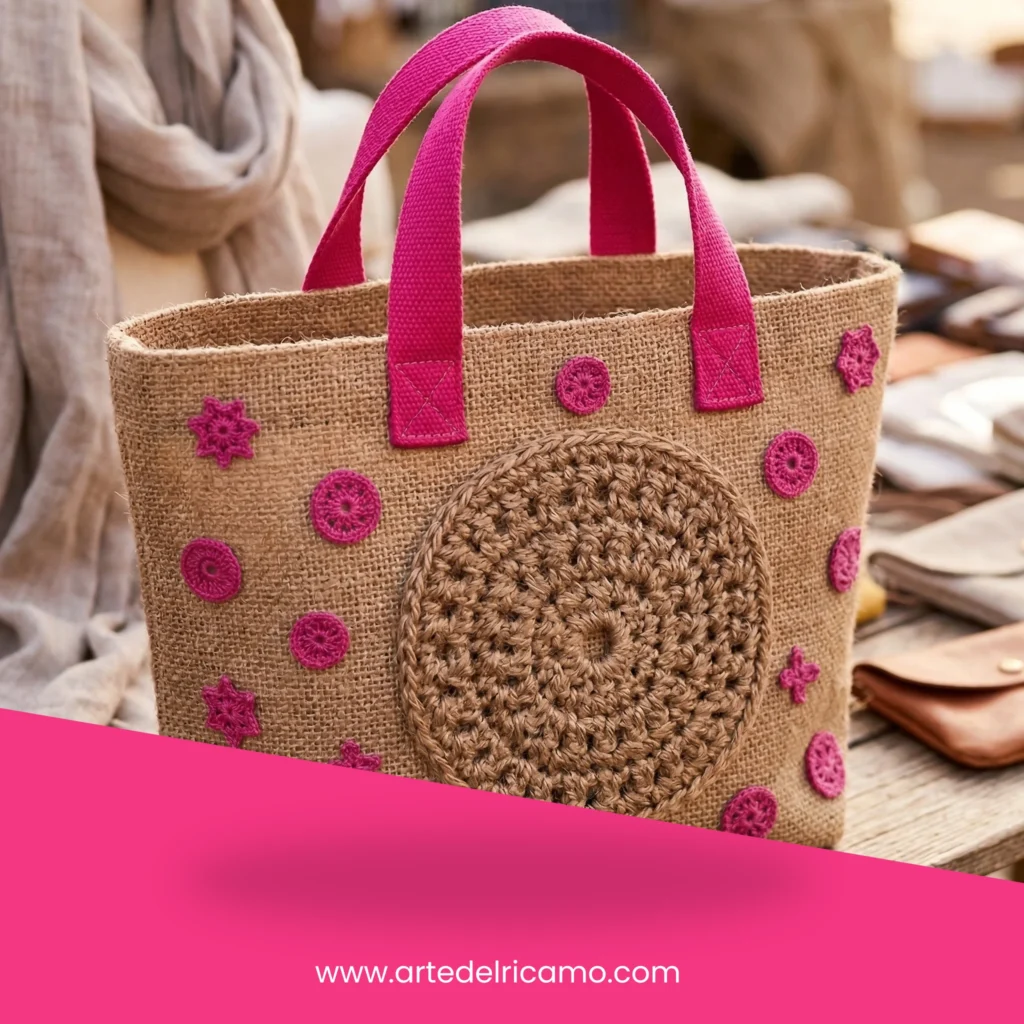 borsa in juta con motivi geometrici a uncinetto