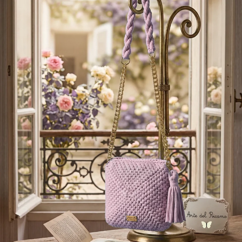 borsa a uncinetto a punto rattan, con sfondo una finestra e delle rose, la borsa ad uncientto e' viola con catenelle.
