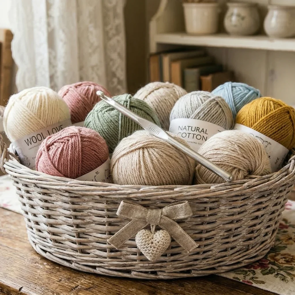 cestino di fili dai colori shabby chic e uncinetto