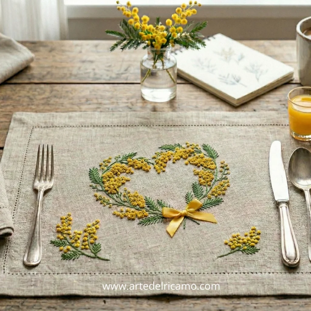 tovaglietta di prima colazione con cuore di mimose ricamato a mano