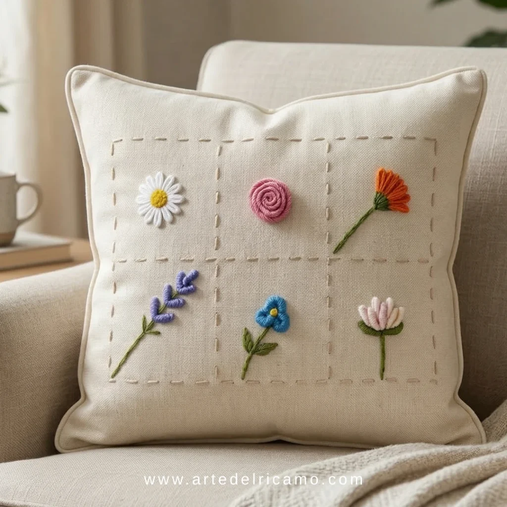 cuscino con fiori ricamati a punto vapore