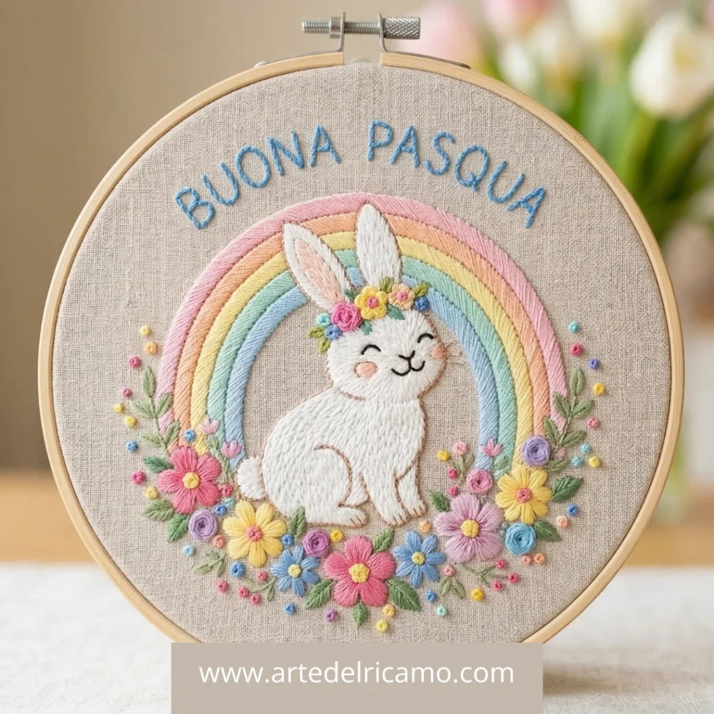 coniglietto con arcobaleno ricamato a mano su telaio di legno in un tessuto colore greggio.