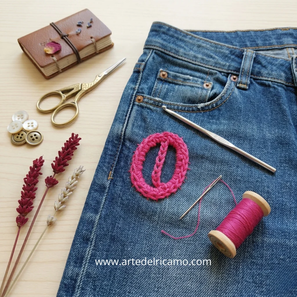jeans con applicazione a uncinetto a forma di ovale colore fucsia.