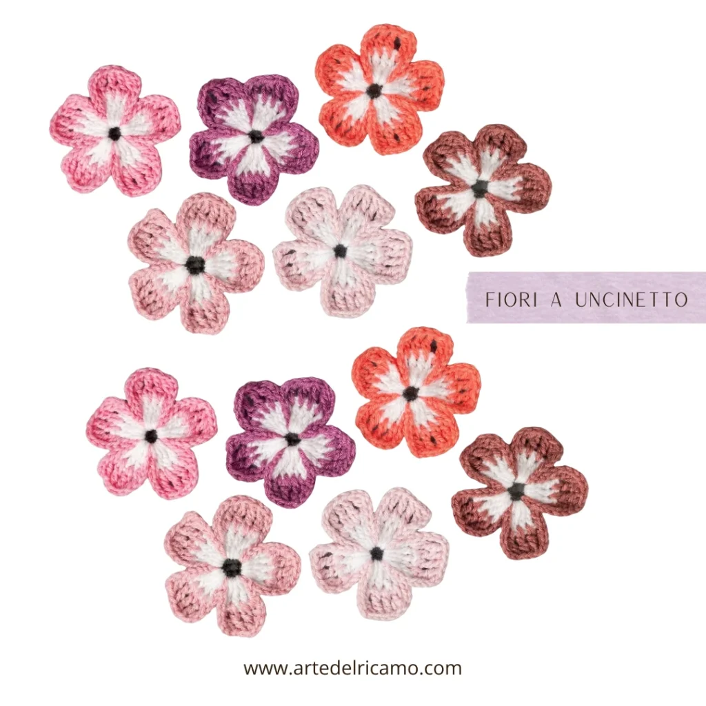 fiori a uncinetto utili per decorare la biancheria per la casa, borse, accessori e capi d'abbigliamento