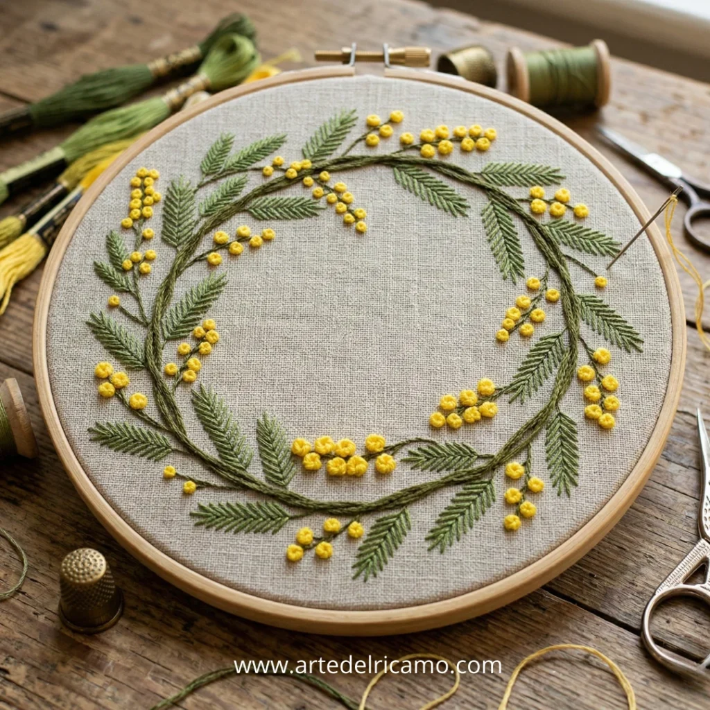 ghirlanda mimose ricamata su telaio