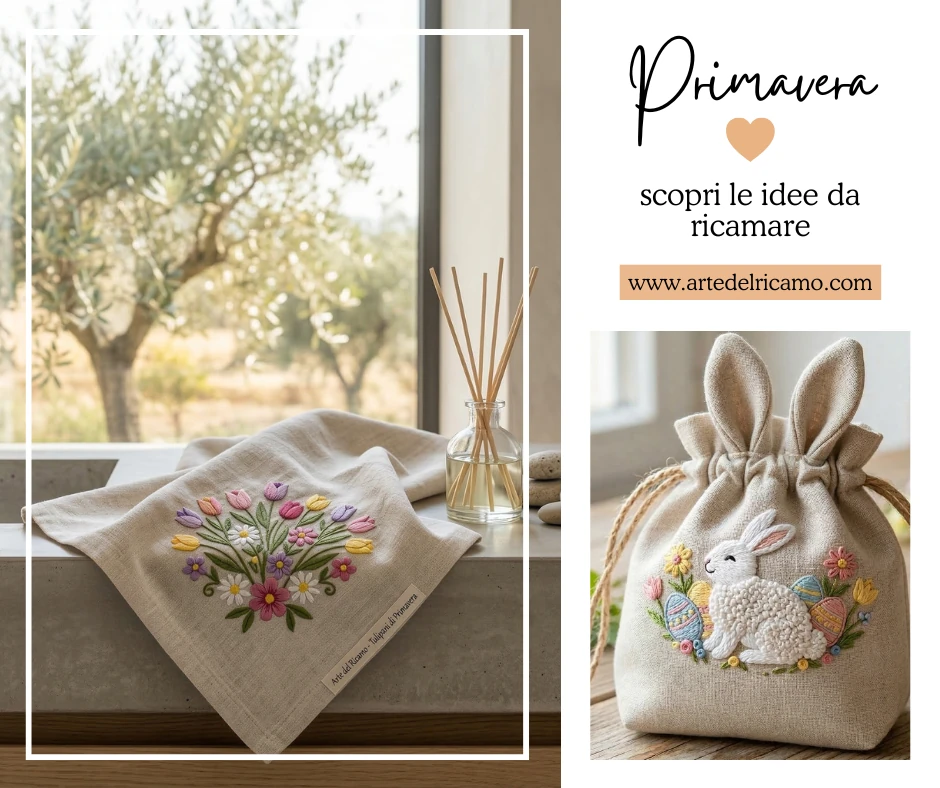ricami di primavera con fiori e coniglietto
