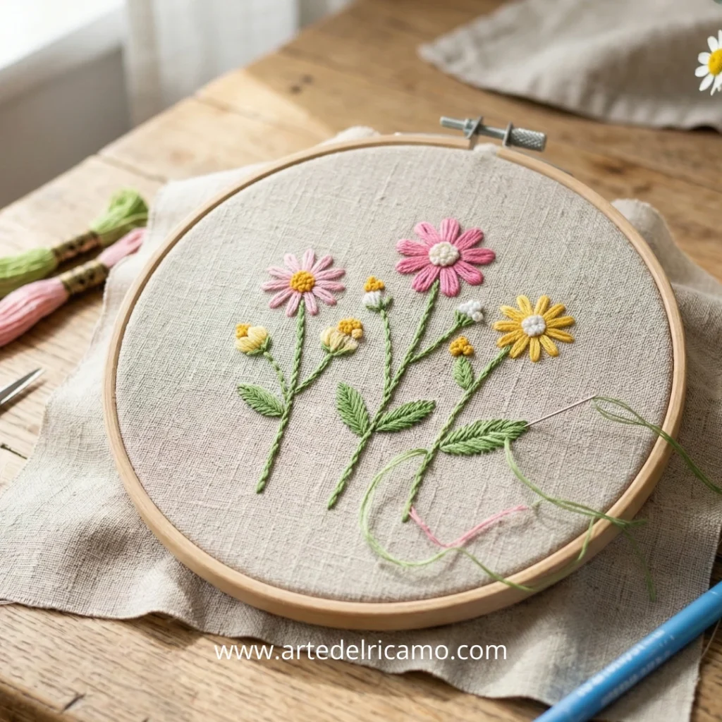ricamare a mano su telaio fiori per la primavera utilizzando semplici punti
