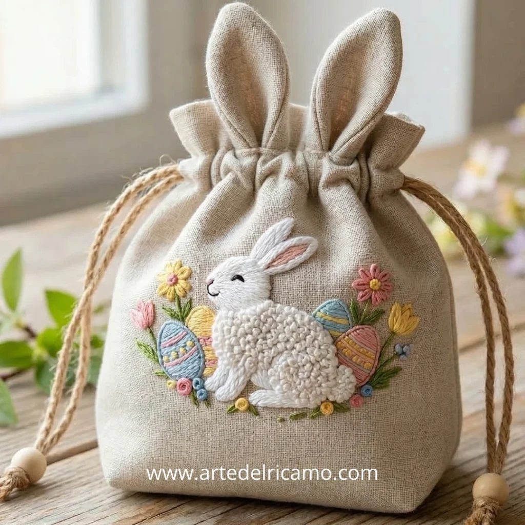 borsa in tessuto porta uova di cioccolato con ricamo a mano di un coniglietto con uova colorate e fiori dai colori pastello