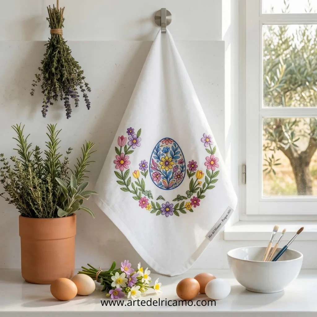 strofinaccio ricamato a mano a punto pittoresco con fiori e uovo decorato