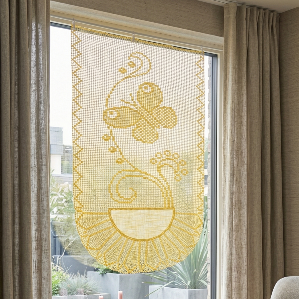 tenda realizzata con la tecnica a uncinetto filet, colore giallo, con farfalla e ramo con fiori stilizzato.
