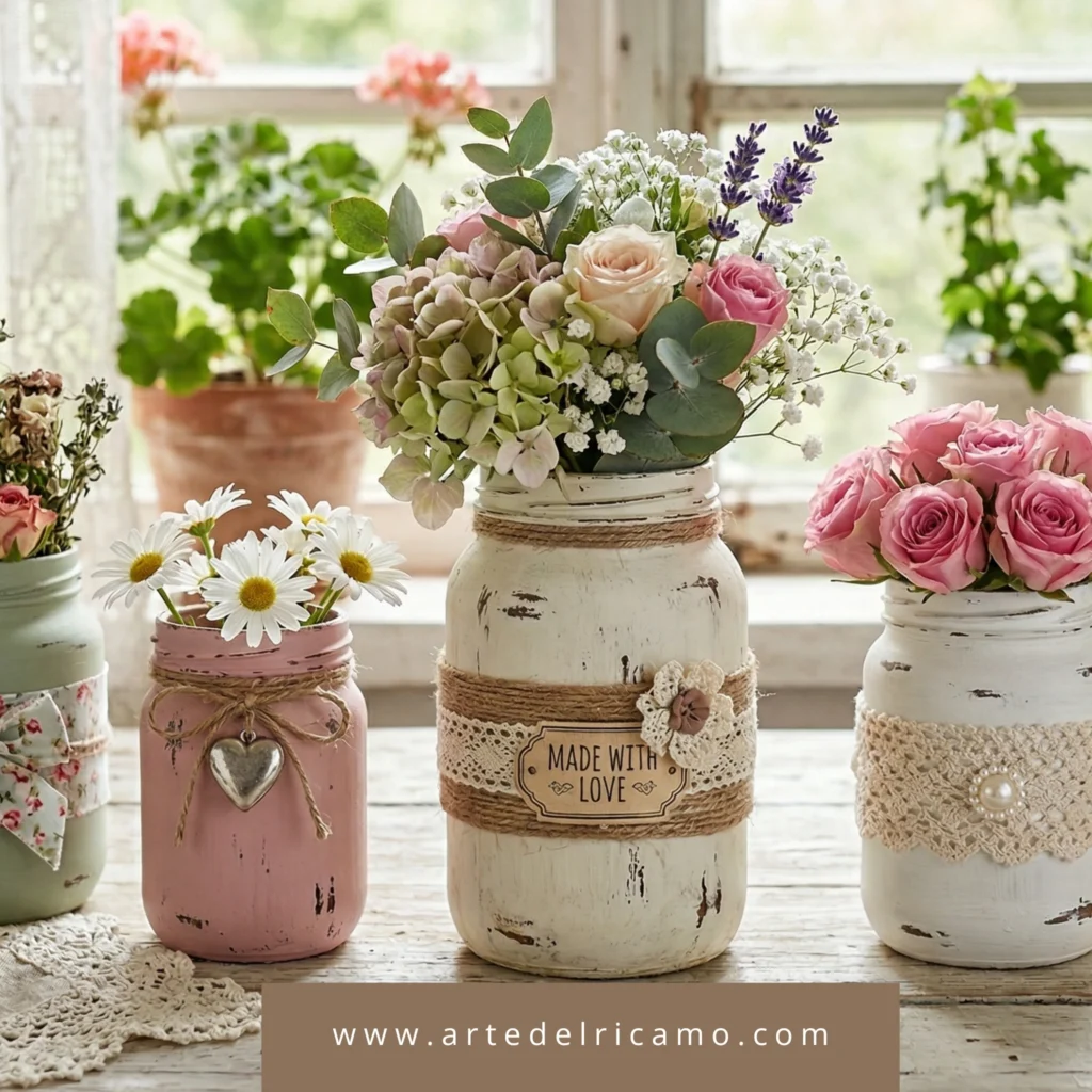 barattoli di vetro riciclati e dipinti con colori pastello decorati in stile shabby chic