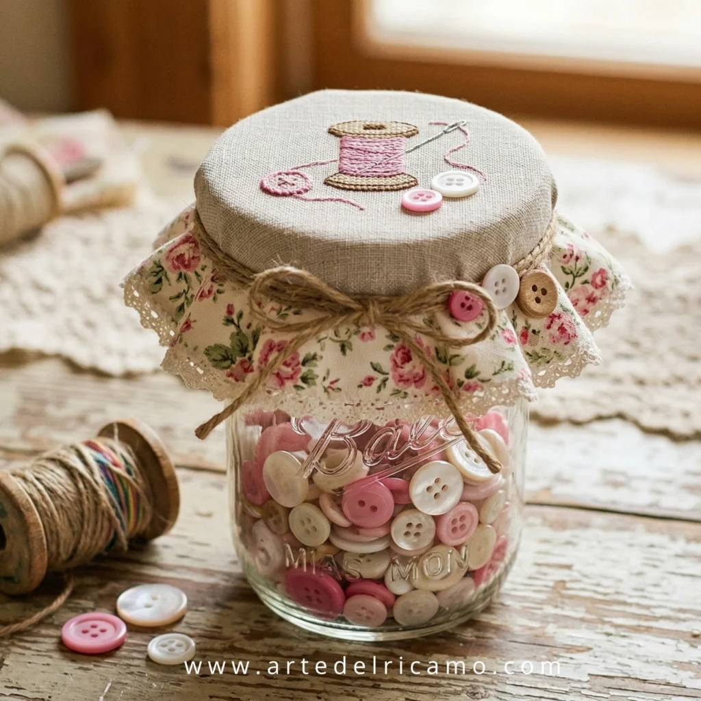 barattolo riciclato porta bottoni in stile shabby chic