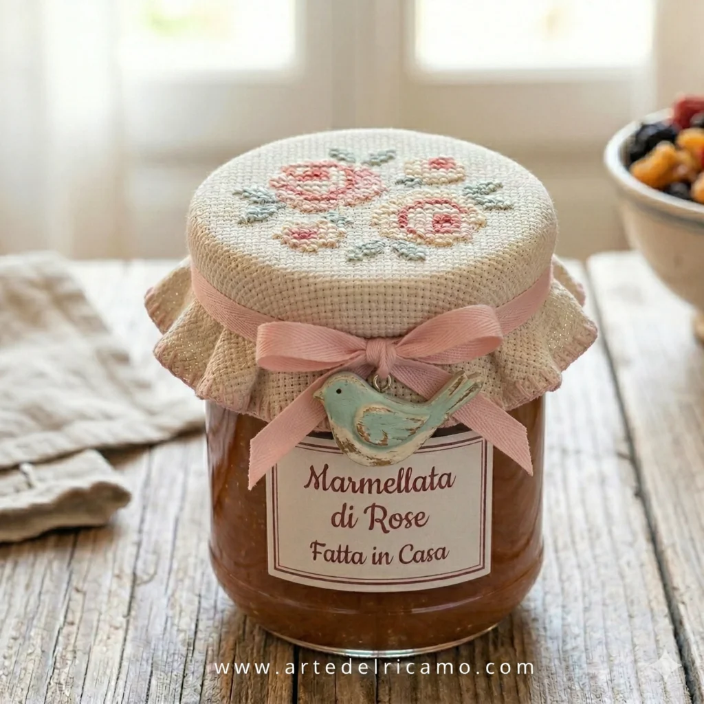 copribarattolo in tela aida con rose a punto croce