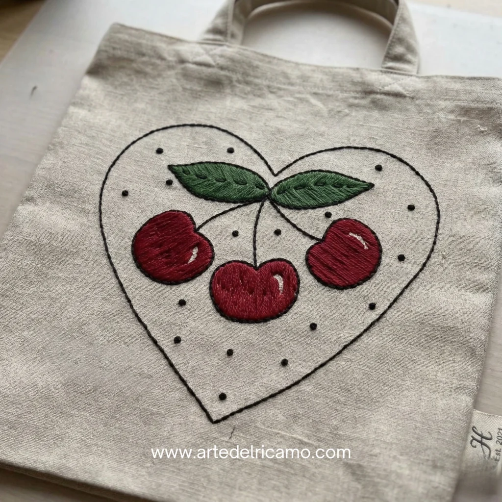 borsa spesa ricamata a mano con cuore e ciliegie