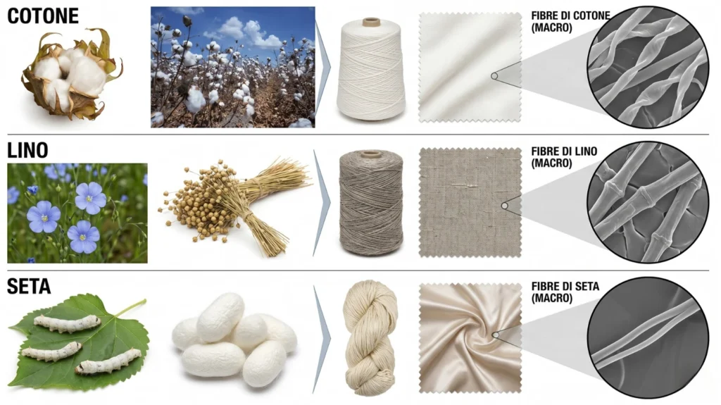 cotone, lino e seta con dettagli macro per lo studio delle fibre tessili
