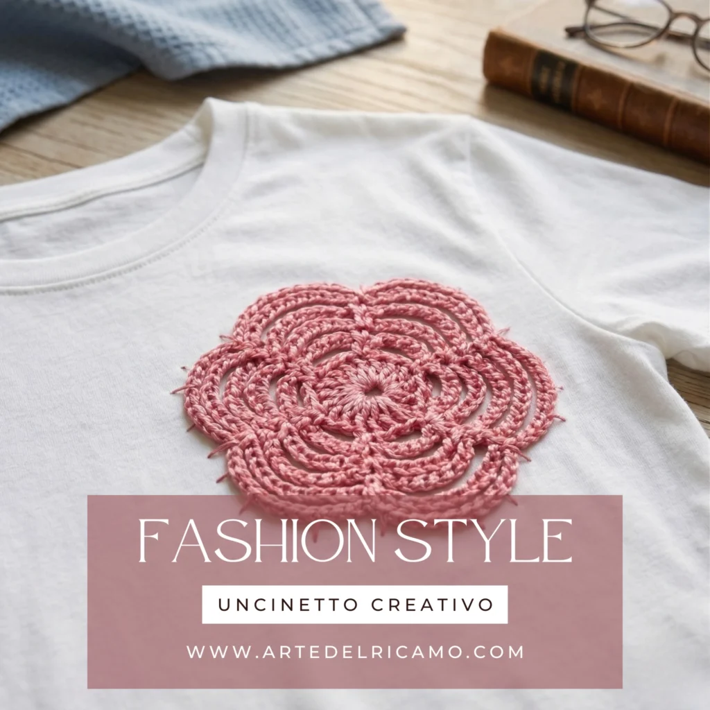 maglietta in tinta unita, colore bianco, con applicazione a uncinetto a forma di fiore, colore rosa. Progetto ideale per personalizzare capi d'abbigliamento.