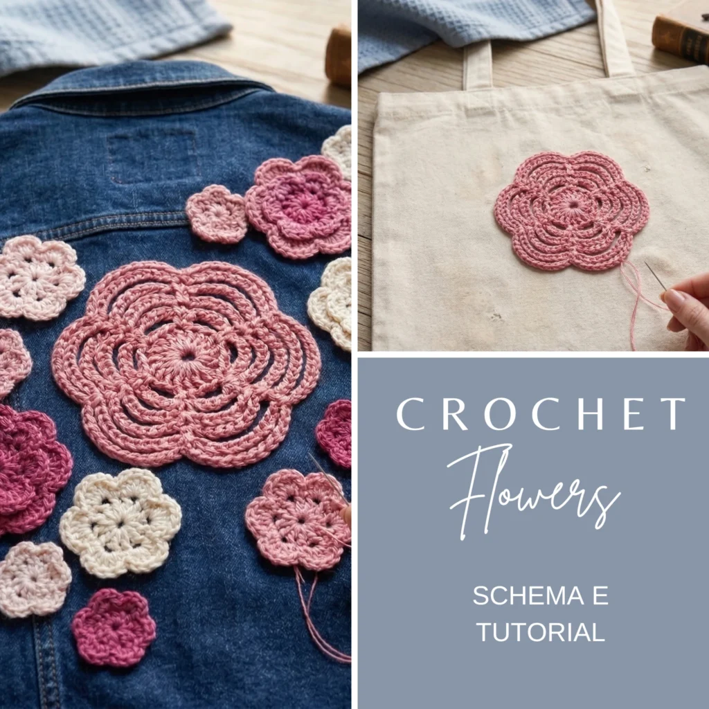 fiori a uncinetto applicati su capi d'abbigliamento e accessori, giubotto in jeans o borsa per la spesa