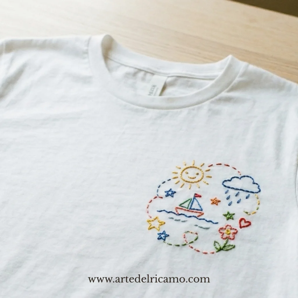 maglietta ricamata a mano con la tecnica dell'embroidery doodle