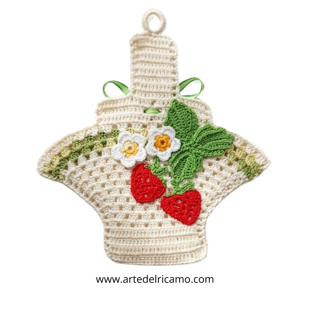 presina a forma di panierino con fiori e fragole a uncinetto