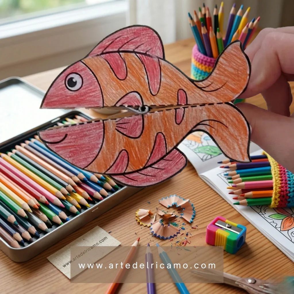 pesce movibile con mollette da bucato in legno