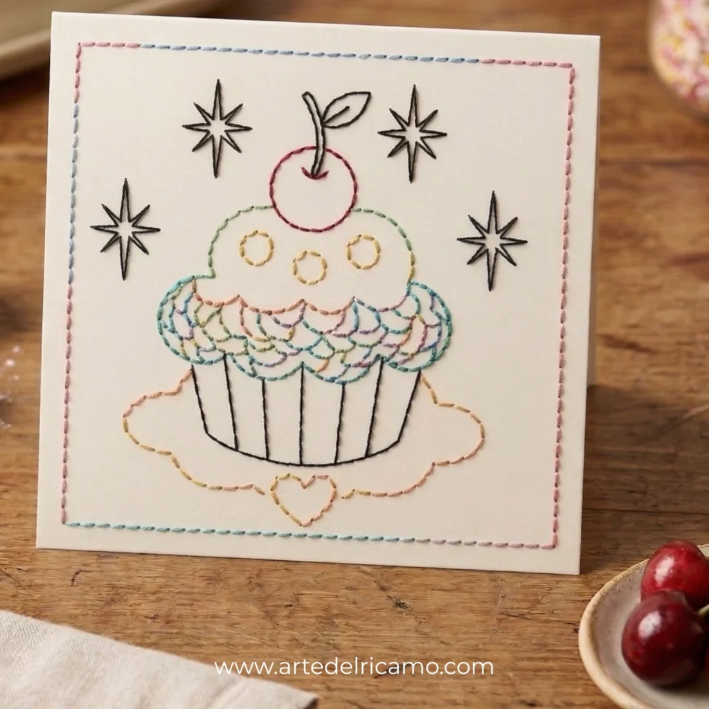 cartolina compleanno con un dolce cupcake ricamato a punto filza su cartoncino
