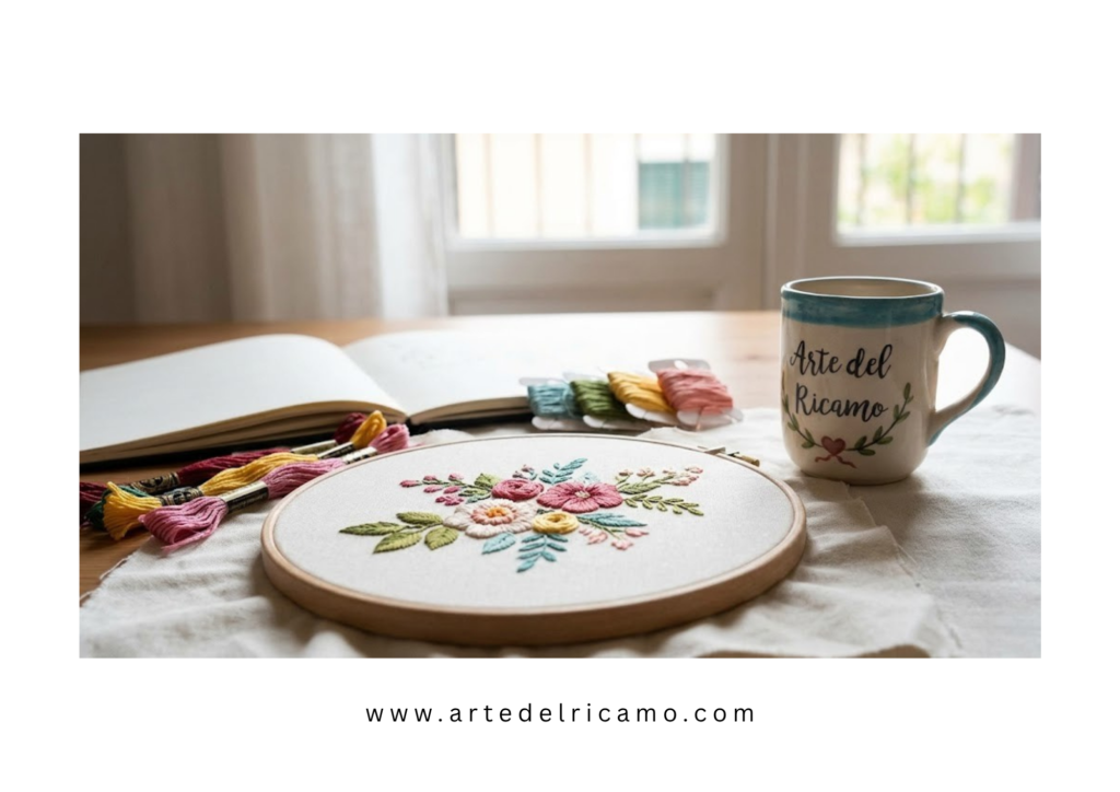 telaio ricamato a mano con tazza