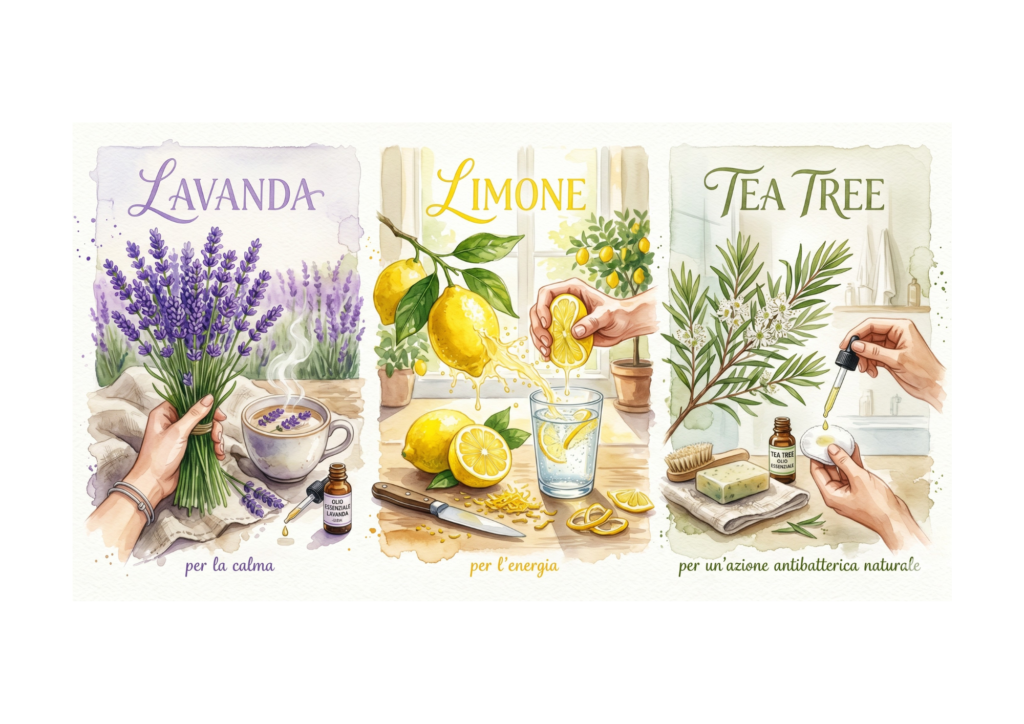oli essenziali alla lavanda, al limone e al tea verde