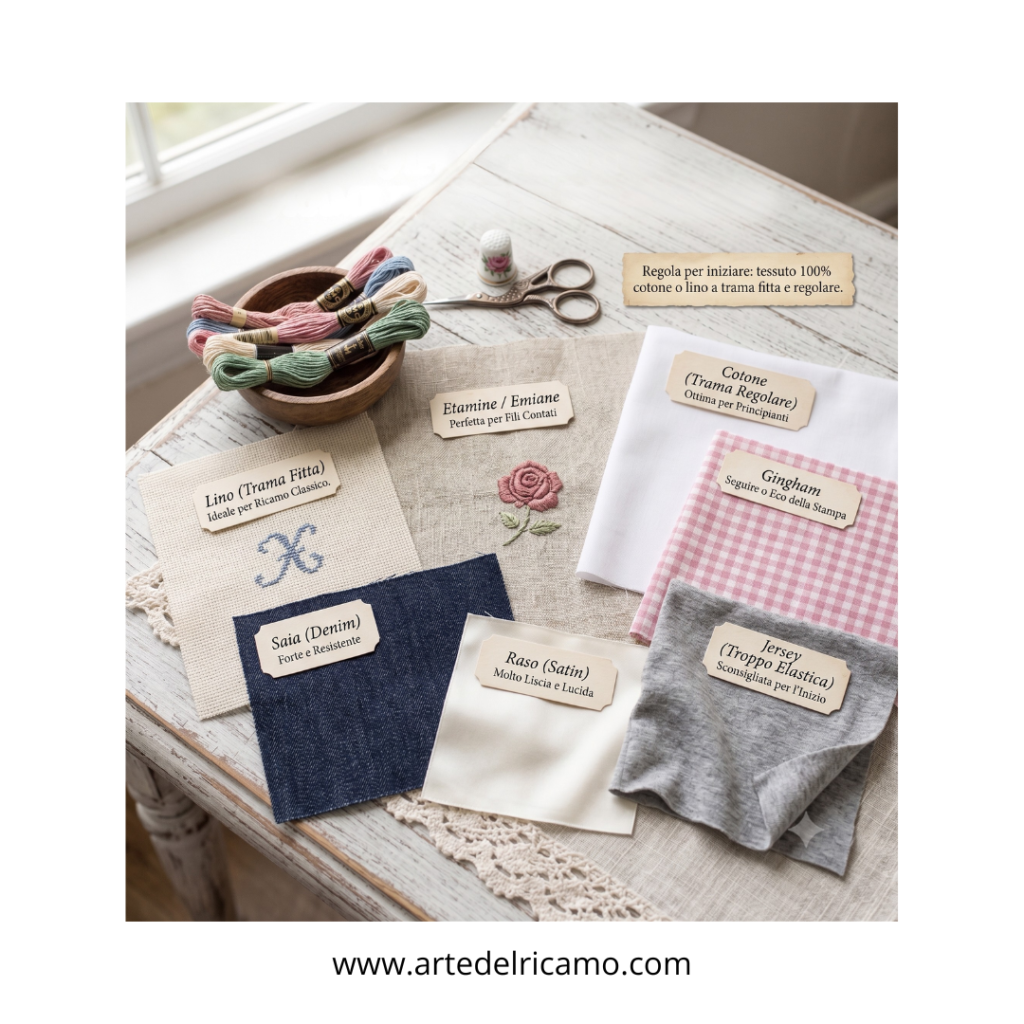 tipi di tessuto per ricamo a mano: lino, cotone, tessuti denim, tessuti elasticizzati e tessuti di raso