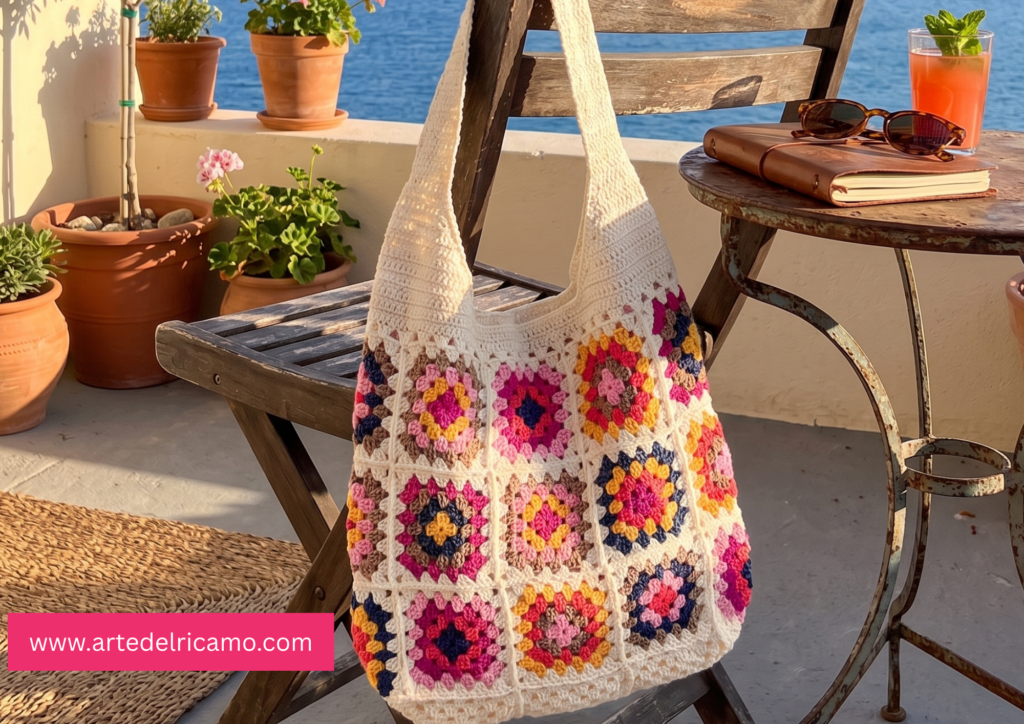 borsa tracolla per l'estate all'uncinetto con piastrelle granny square