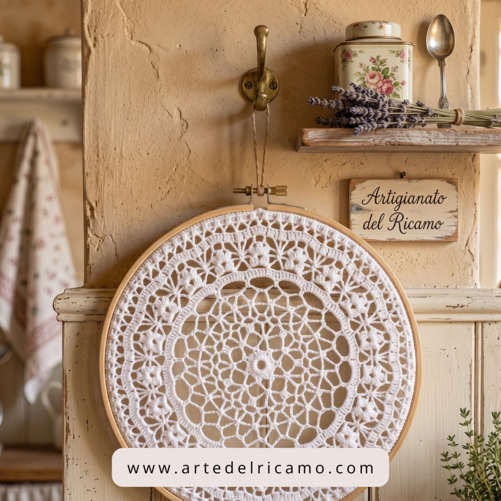 centrino shabby chic su un telaio in legno