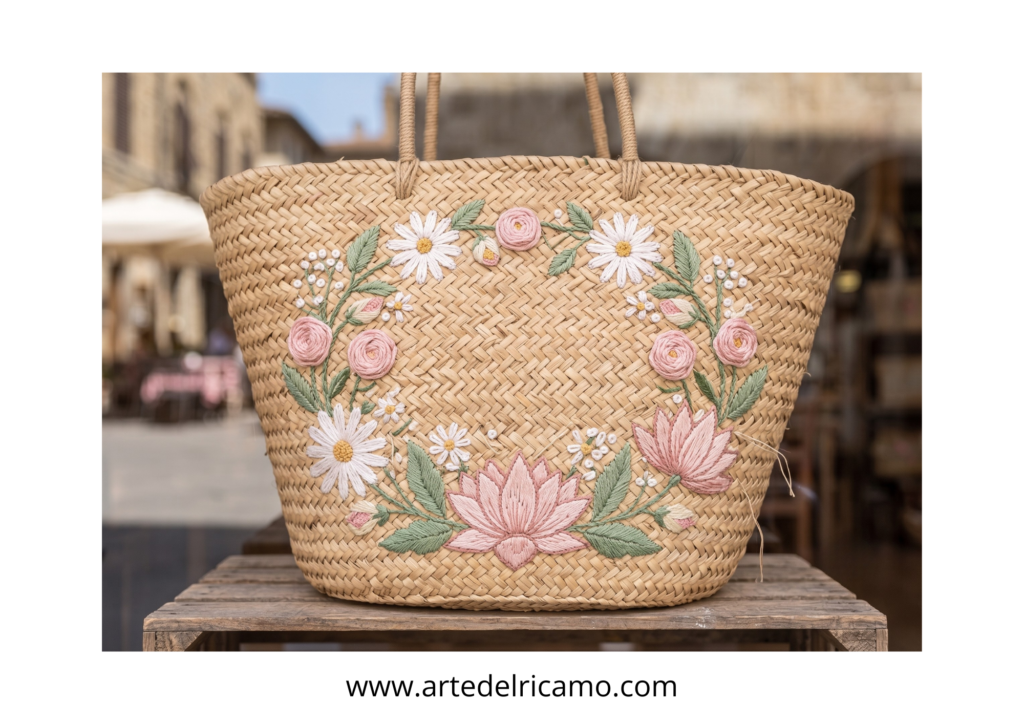 borsa in paglia con motivo floreale rotondo
