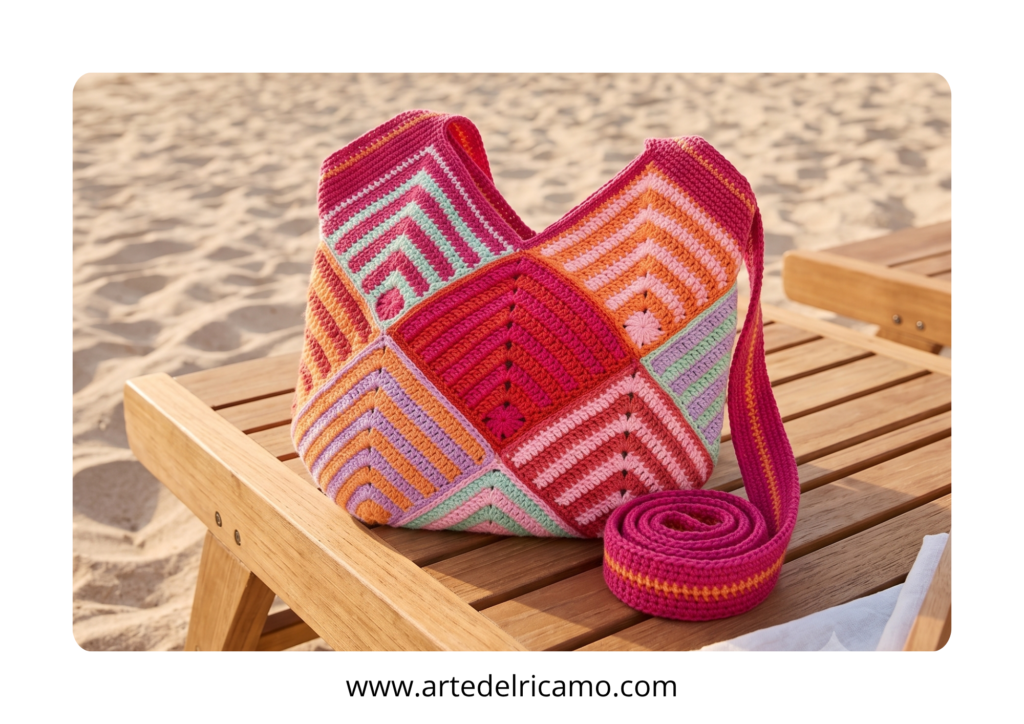 borsa mare a uncinetto con motivi geometrici