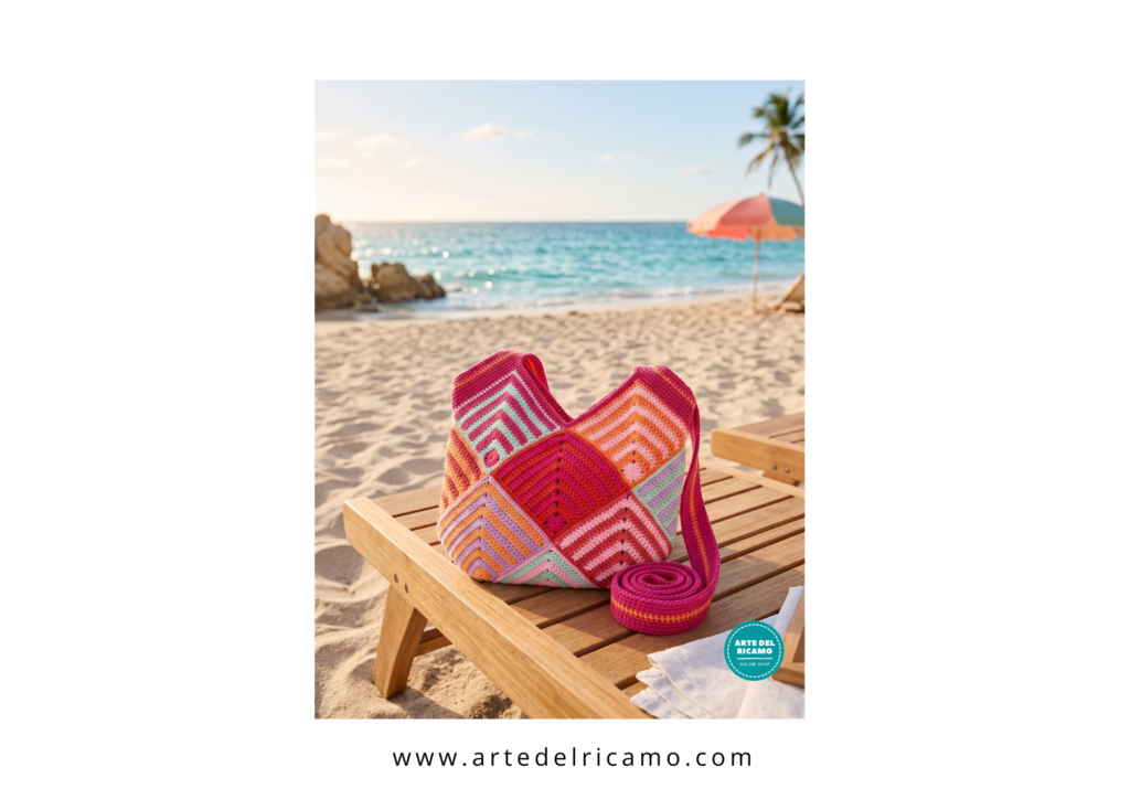 borsa mare a uncinetto con motivi geometrici e colori agrumati