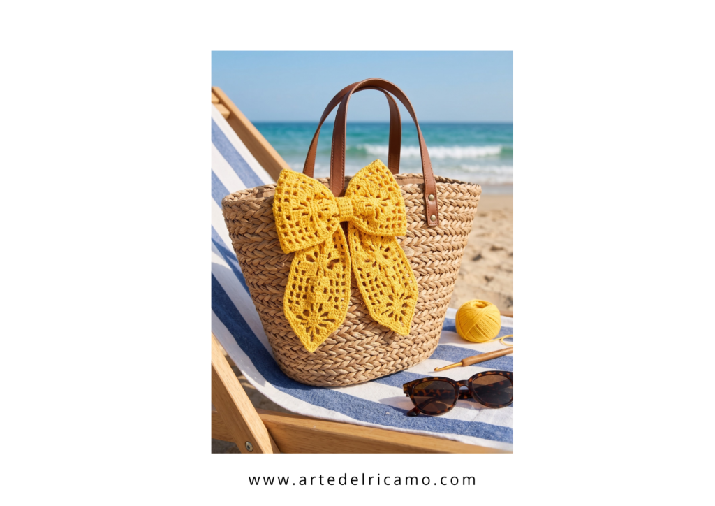 borsa mare con fiocco giallo a uncinetto realizzato a mano