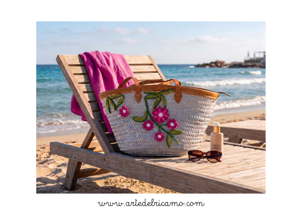borsa in paglia con fiori a uncinetto