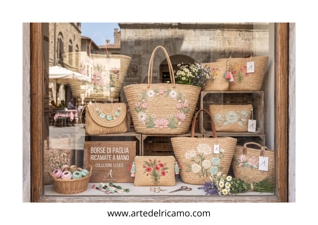borse in paglia ricamare a mano con eleganti motivi floreali