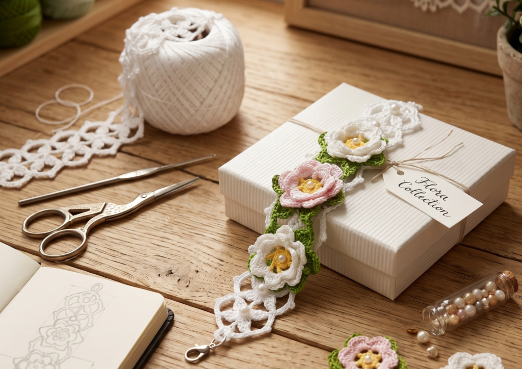 bracciale corsage floreale, realizzato unicamente a mano con fiori all'uncinetto