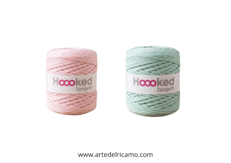 bobine di fettuccia hooked zpagetti colori verde acqua e rosa pastello