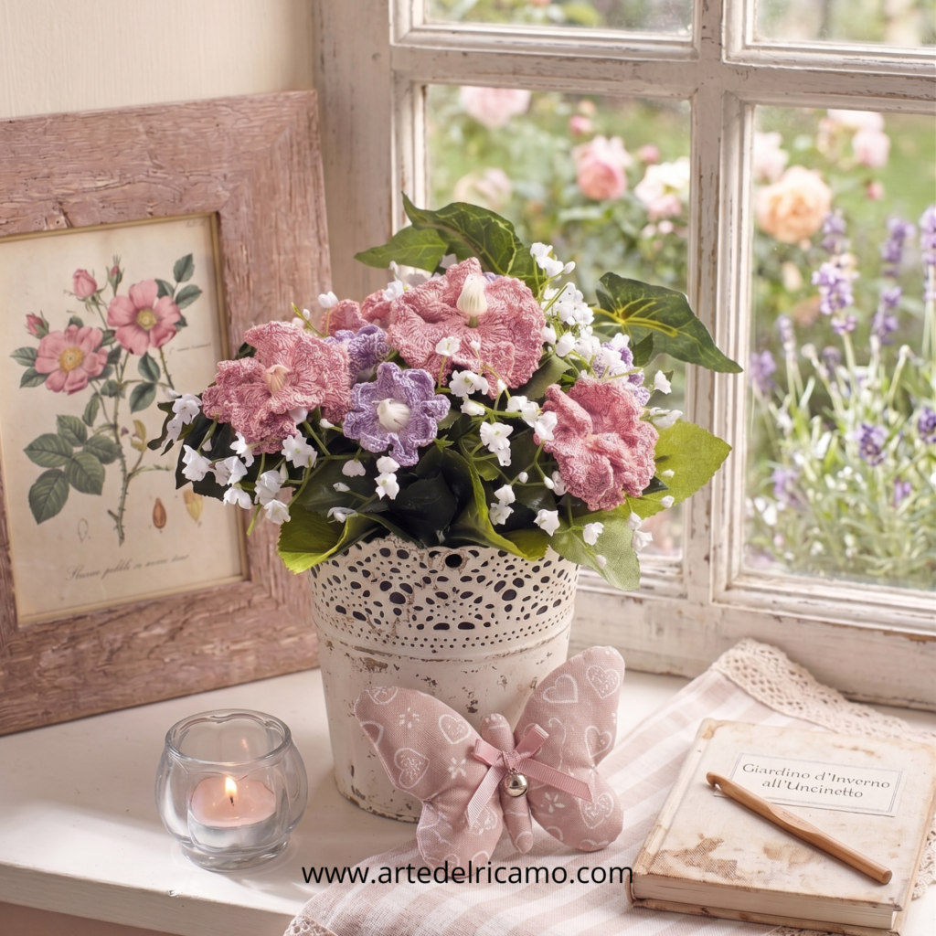 vaso di fiori a uncinetto rosa e viola in stile shabby chic