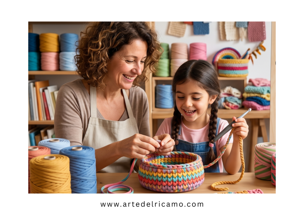 bambina con la mamma realizza un cestino a uncinetto con delle fettucce colorate