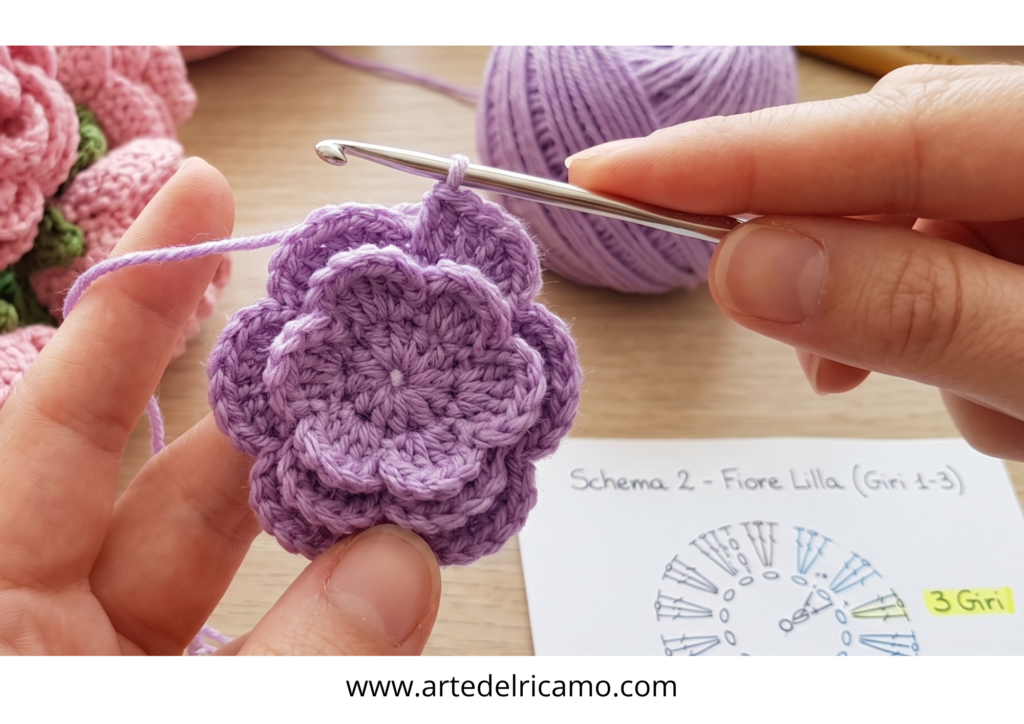 come realizzare il fiore viola a uncinetto