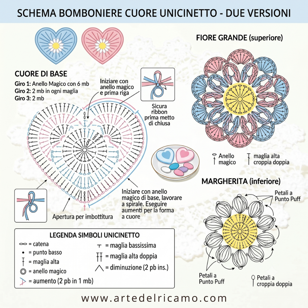 schema a uncinetto della bomboniera a forma di cuore con fiore tridimensionale