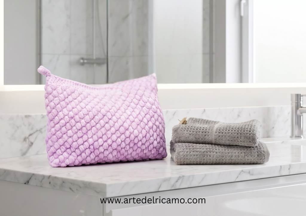 trousse bagno a uncinetto realizzata a punto popcorn